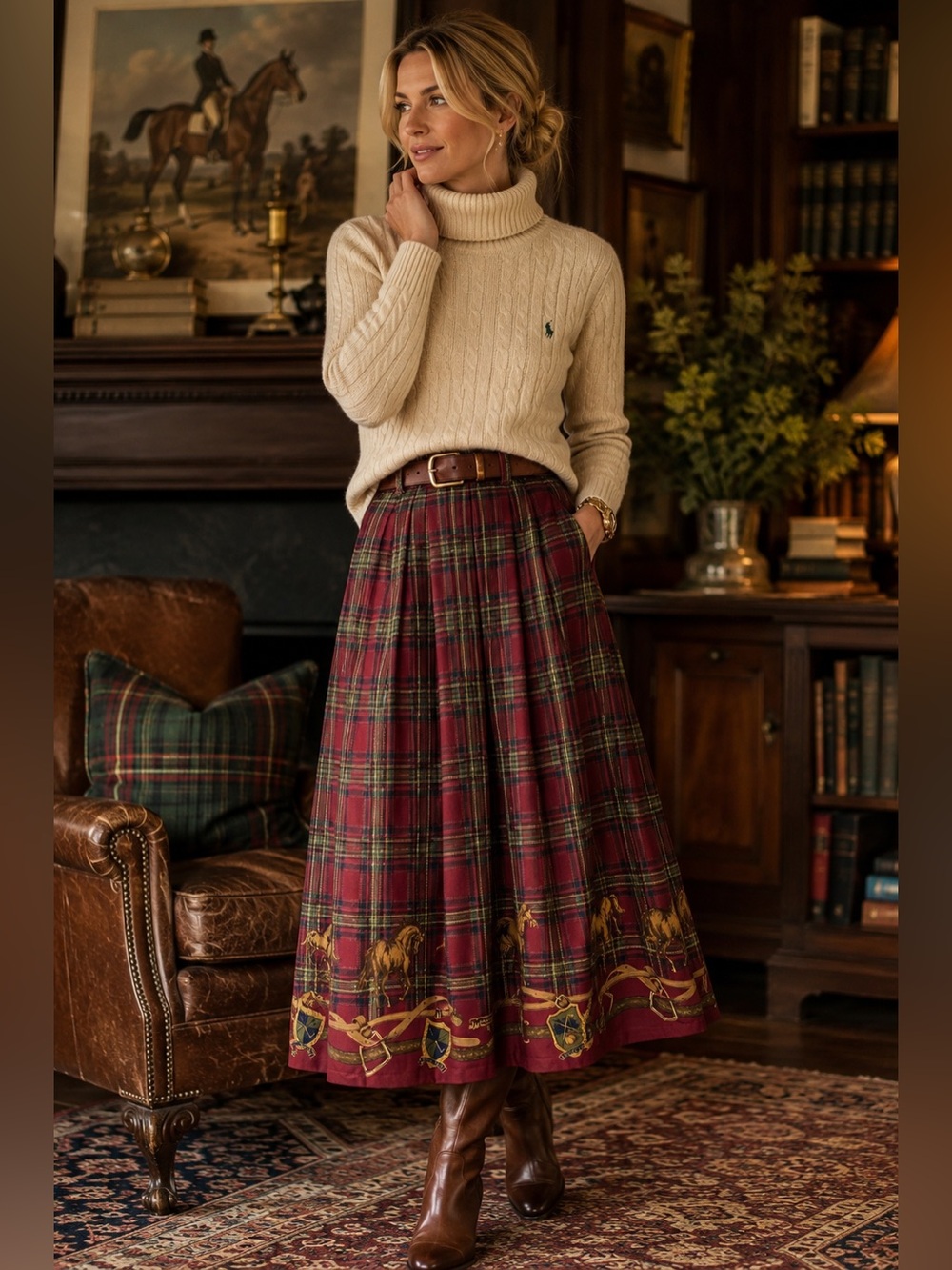 Vintage Tabi Equestrian Riding Club Plaid Pleated Midi Skirt Size 8